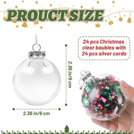 24 Pcs Clear Christmas Plastic Ornament Ball,Christmas Clear Baubles with Rope and Removable Metal Cap,Transparent Fillable Sphere Light Bulb for Christmas Tree Decor,2.4 inch