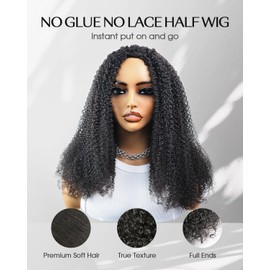 Kinky Curly Half Wig Human Hair 200% Density Wear and Go Glueless Wigs Human Hair Half Wigs with Drawstring 3 In 1 Flip Over Headband Wig for Women Beginner Friendly 18 inch