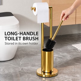 Freestanding Toilet Paper Holder with Toilet Brush and Holder, Metal Bathroom Floor Stand, Gold and Black Finish