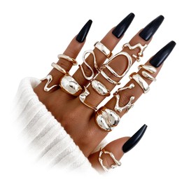 15 Pcs Silver Ring Set for Women Chunky Classic Dainty Boho Aesthetic Punk Thick Line Big Size Simple Stacking on Thumb Knuckle Rings Pack, Metal, No Gemstone