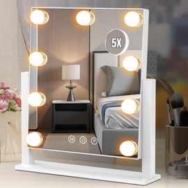 Dirket Vanity Mirror with Lights, Hollywood Lighted Makeup Mirror with 3 Color Lighting Modes and 9 Dimmable Bulbs, Detachable 5X Magnification, Smart Touch Control, 360Rotation, White
