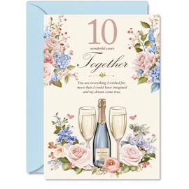 10th Anniversary Card for Men Women - Floral Champagne - Happy 10 Year Anniversary Card for Companion Wife Partner Husband, A5 Wedding Anniversaries Greeting Cards