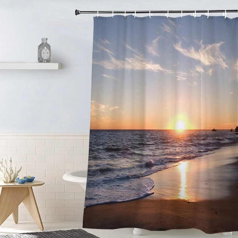 Goodbath Beach Shower Curtain, Ocean Beach Sunset Theme Waterproof Fabric