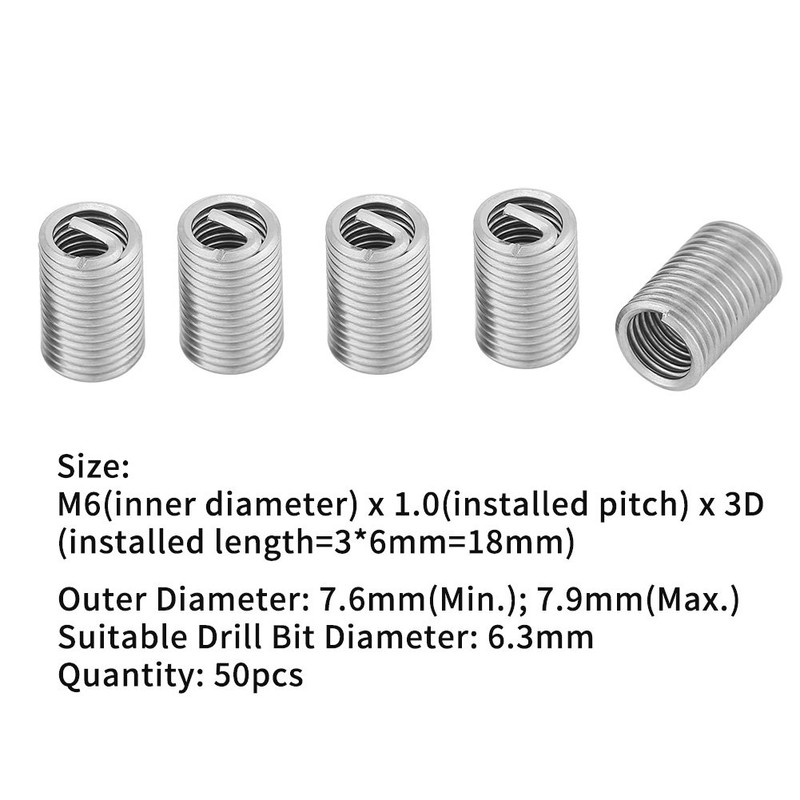 50pcs Stainless Steel Thread Repair Insert M6 x 1.0 x