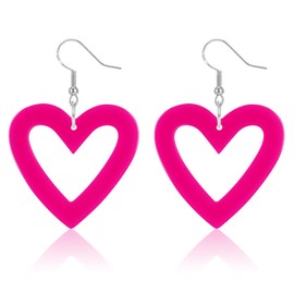 Valentines 925 Sterling Silver Earrings for Women 80s Neon Acrylic Red Hot Pink Heart Shaped Dangle 90s Costume Trendy Jewelry Hypoallergenic Sensitive Ears Christmas