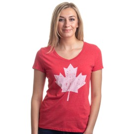 Canada Pride | Vintage Style, Retro Canadian Maple Leaf Women's V-Neck T-Shirt-(Vneck,S) Heather Red
