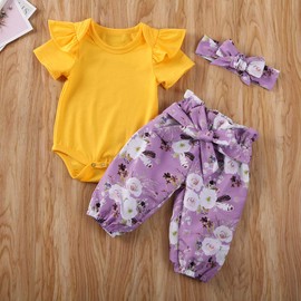 Baby Girls 3Pcs Floral Outfits Ruffle Puff Sleeve Romper Solid Color Bodysuit Elastic Waist Shorts Bowknot Pant with Headband (2-3T, D-Yellow)