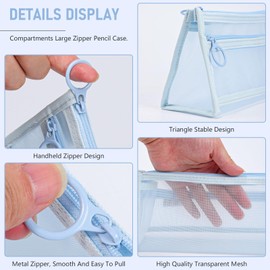 Risipu Clear Pencil Case for Exams Transparent Mesh Pencil Case Double-Layer Pencil Bag Durable Metal Zipper Triangular Design Pen Case for School Office Travel (Baby Blue)