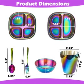 YIRADIS STORES Stainless Steel Plates with Fork & Spoon, 2 Piece Divided Non-Toxic Stainless Steel Kids Plates & Bowls, Dishwasher Safe Kids Utensils and Glass (Rainbow)