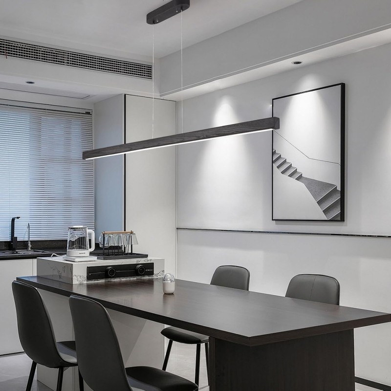 Black Wood Linear Pendant Light – Dimmable LED Chandelier with