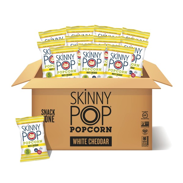 SkinnyPop Popcorn, Gluten Free, Non-GMO, Healthy Snacks, Halloween Snacks for Kids, Skinny Pop Dairy Free White Cheddar Popcorn, 1oz Individual Size Snack Bags (12 Count)