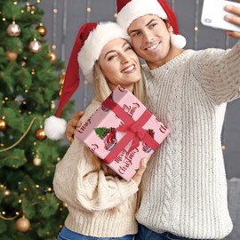 SaringSwoon Pink Christmas Truck Wrapping Paper - Vintage Xmas Gift Wrap with Red Truck, Tree and “Merry Christmas” Design for Kids Adults - 40×28 Inches, 4 Folded Sheets