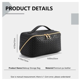 Large Capacity Makeup Bag Woven Cosmetic Bag, PU Leather Waterproof Cosmetic Bag, Women Portable Travel Makeup Pouch With Handle and Divider Flat Lay Makeup Organizer Bag, Black