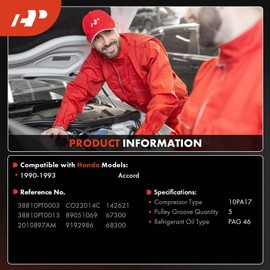 A-Premium Air Conditioner AC Compressor with A/C Clutch (w/ 5-Groove Pulley) Compatible with Honda Accord 2.2L 1990 1991 1992 1993, with 10PA17C Compressor