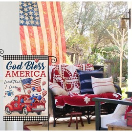 4th of July Garden Flags for Outside,Patriotic American Truck with Flags Buffalo Plaid Small Yard Flags for Outdoor,Memorial Independence Day Decorations for Farmhouse Holiday Summer 12x18 Inch Double Sided