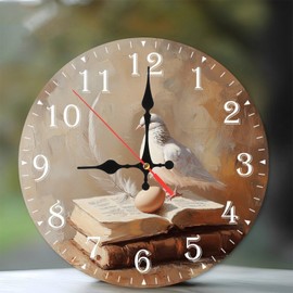10-Inch Silent Wooden Wall Clock, Dove Egg Feather on Antique Books ” Silent Non-Ticking Clock, Battery Operated (AA Batteries Not Included), Artistic Home Decor