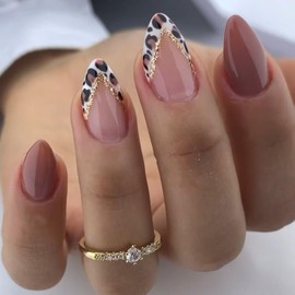 SXVME Fall Mauve False Nails with French Tip Leopard Design, Soft Gel Press on Nails Short Almond, Cute Cheetah Glitter V Lines Pattern Full Cover Nude Pink Fake Nails Press ons for Women 24 Pcs