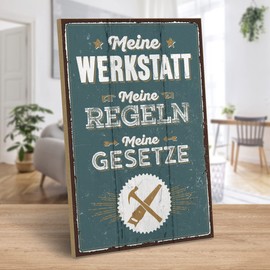 ARTFAVES® Wooden Sign with Saying "Meine Werkstatt Meine Regelen" Shabby Chic Vintage Sign Decorative Gift on Dad Theme, Funny Sayings, Father's Day, Size: 19 x 28 cm