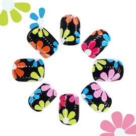 Short Press on Nails Spring Summer Fake Nails with Colorful Flower Design Black Square False Nails Reusable Acrylic Nails Full Cover Glossy Stick on Nails for Women Girls Spring Summer Manicure 24Pcs