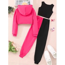 Hilinker Girls Graphic 3 Piece Outfits Workout Crop Hoodie Ribbed Tank and Sweatpants Set Black Hot Pink Baby 7-8 Year