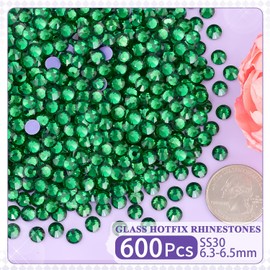 600Pcs Hotfix Rhinestones for Clothing, Emerald Green SS30 Iron On Flatback Glass Gems, Bedazzler Crystals Rhinestones for Crafting Clothes Hats Shoes Fabric Bedazzling Decor Nail Art