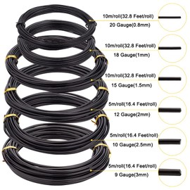 BENECREAT 20/18/15/12/9/10 Gauge Black Aluminum Wire Mixed Size 45M Round Bendable Craft Wire, Anodized Metal Wire, Black Aluminum Wire for Engraving, Jewelry Making, Armature Making