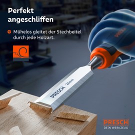 Presch 4-Piece Wood Chisel Set - Ready Ground Chisels (6, 12, 18, 24 mm) - Professional Riser with 25° Wedge Angle Including Robust Metal Striking Cap