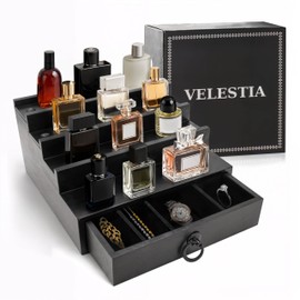 VELESTIA Cologne Organizer for Men - 4 Tier Pine Wood Perfume Organizer with Velvet Lining Drawer & Hidden Compartment, Mens Room Decor, Cologne Display Risers, Perfume Organization & Storage - Black