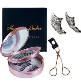 Joyeee Magnetic Eyelashes, 4pairs Dual Magnetic False Fake Eye Lashes Reusable Curly Wispy Thick Fluffy eyelashes with Applicator, No Need Glue 3D Look Eye Makeup for Girls Teen Women Starter Gift