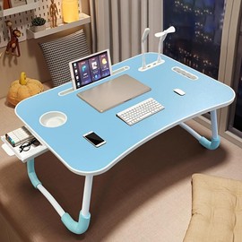 Laptop Bed Table - Adjustable Height, Foldable With USB Charging Port, Handle, Card Slot & Drawer - For Students & Remote Workers - Perfect for Dormitory, Bedside & Home Office:_blue laze table