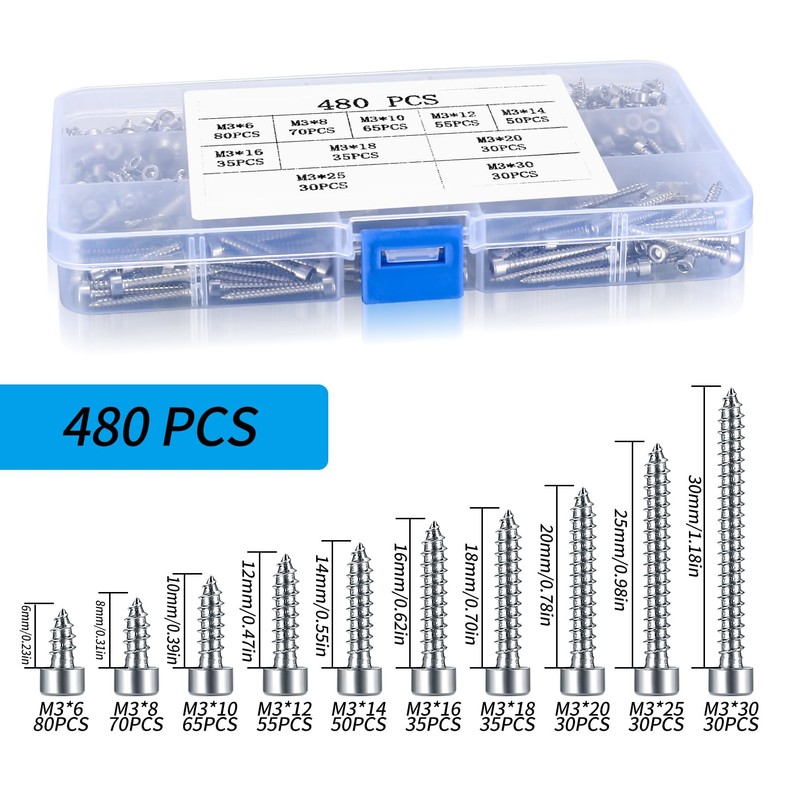 Metric Hex Socket Cap Head Self Tapping Screws, 480pcs M3