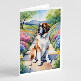 Caroline's Treasures Saint Bernard Spring Path Greeting Cards Pack of 8 Blank Cards with Envelopes Whimsical A7 Size 5x7 Blank Note Cards