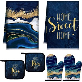 Bencailor 6 Pieces Kitchen Towel Pot Holders Oven Mitts Set 2 Dish Towels 2 Farmhouse Cooking Mittens Oven Glove 2 Potholders for Baking Cooking Grilling Supply Accessories (Blue,Marble)