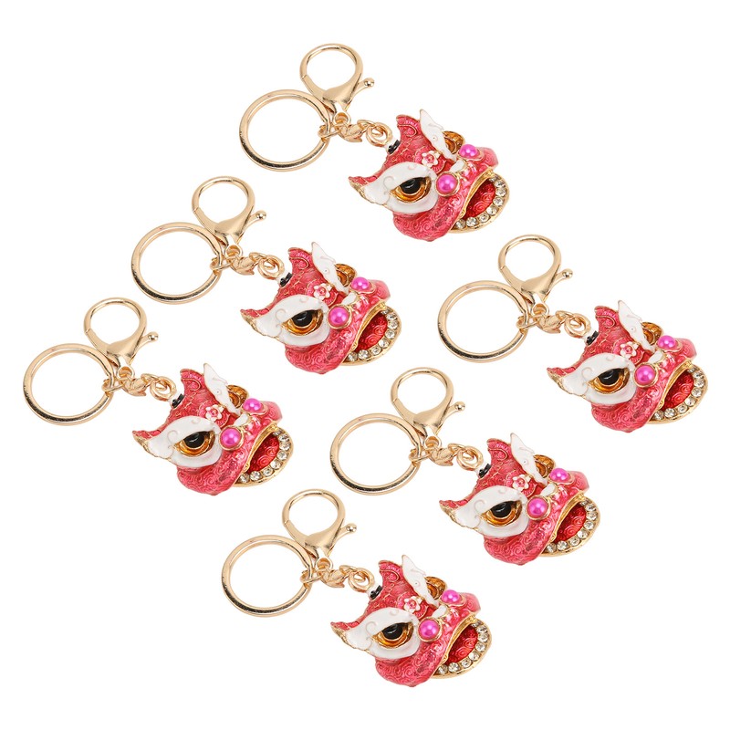 6pcs Lion Dance Keychains Cute Funny Rust Prevention Rhinestone Keychain