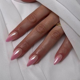 Ombre Pink Glazed Donut Press on Nails Almond, Gradient Pink Chrome Nails Press ons for Women, Thick Aurora Glue on Nails Medium Length, Reflective Mirror Acrylic Nails Light Weight & Fit Perfectly