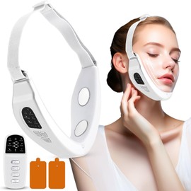 Aolawco Elektrisches V-Face Shaping Massager, EMS Facelifting Gerät Weiß mit 6 Modi 18 Intensitätsstufen, Doppelkinn Entferner mit Fernbedienung, Gesichtsmassagegerät für Schlanke Kieferlinie
