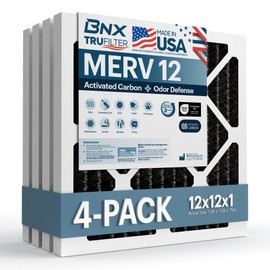 BNX TruFilter 12x12x1 MERV 12 Odor Defense (4-Pack) AC Furnace Air Filter with Activated Carbon - MADE IN USA - Pleated Air Conditioner HVAC AC Furnace Filters - Removes Odor, Mold, Bacteria, Smoke