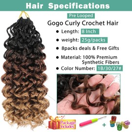 New Gogo Curl Crochet Hair Pre Looped 8 Packs Pre Twisted Curly Crochet Hair for Black Women Beach Curl Wave Crochet Synthetic Hair Extensions(8Inch 1B/30/27#)