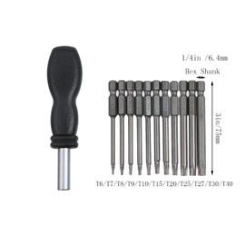 Tighall 11 Pcs Hexagonal Handle Hollow Plum Blossom Screwdriver Batch Head with 1Pcs Handle, for Disassembling Game Consoles or Cards, 3in Long Screwdriver Bit Set, 1/4 Inch, Hex Shank T6-T40
