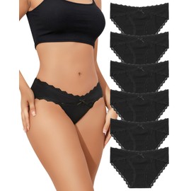 LEVAO 6 Pack Black Cotton Underwear for Women Lace Cheeky Bikini Panties Stretch Soft Hipster Ladies Briefs S-XXL