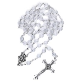 TrueFaithJewelry 6mm Round Crystal Glass Holy Rosary Prayer Beads Necklace with Jesus Crucifix Cross and Our Lady Of Grace Miraculous Virgin Mary, for Women and Men, 17.5-Inch, Crystal White/Silver