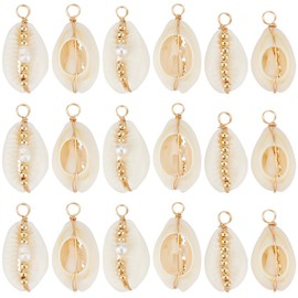 Beebeecraft 1 Box 30Pcs Natural Shell Charms Bulk Summer Ocean Beach Seashells Charm with Gold Brass Beads Beaded Cowrie Shell Charms for Jewelry Making Earrings Necklaces Bracelets DIY Crafts