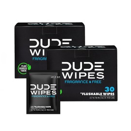 DUDE Wipes - On-The-Go Flushable Wipes - 2 Pack, 60 Count - Unscented Extra-Large Individually Wrapped - Vitamin E & Aloe - Septic and Sewer Safe