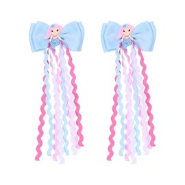Usakinon Girls Hair Clips Mermaid Bow with Dangling Ribbons, 2 Pieces Sets, Pink Blue Purple, Party School Accessories (Blue)