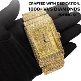 HALUKAKAH Moissanite Diamond Gold Watch for Men - 18k Real Gold Plated, Basic Waterproof, Roman Numerals Rectangle Dial, Heavy-Made, 3-Sides Iced Out, 24cm Wristband - Luxurious Giftbox Included