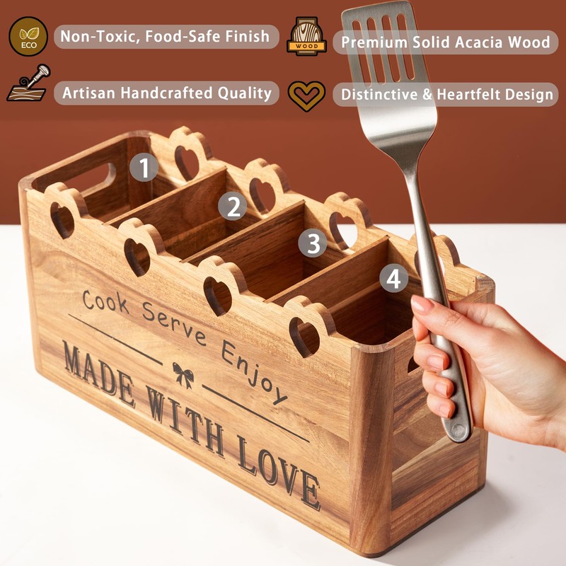 Kitchen Utensil Holder, Large Acacia Wood Organizer for Countertop |