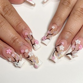 French Press on Nails Long Coffin 24Pcs Glossy Full Cover Acrylic Square False Nails with Flower Butterfly Gems Designs Ballerina Extra Long Artificial Fake Nails with Charm for Women Girls