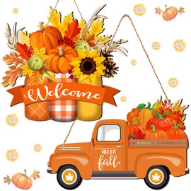 Thyle 2 Pcs Welcome Fall Front Door Decor Hello Fall Truck Door Signs Pumpkin Maple Leaf Sunflower Door Hanging Fall Wall Decoration Wooden Fall Decoration for Home Thanksgiving Autumn Party Decor