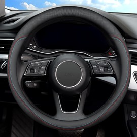 Nappa Premium Leather Steering Wheel Cover, Non-Slip, Breathable, Universal 14.5-15 inch Car Steering Wheel Protector for Women Men, Anti-Slip, Black
