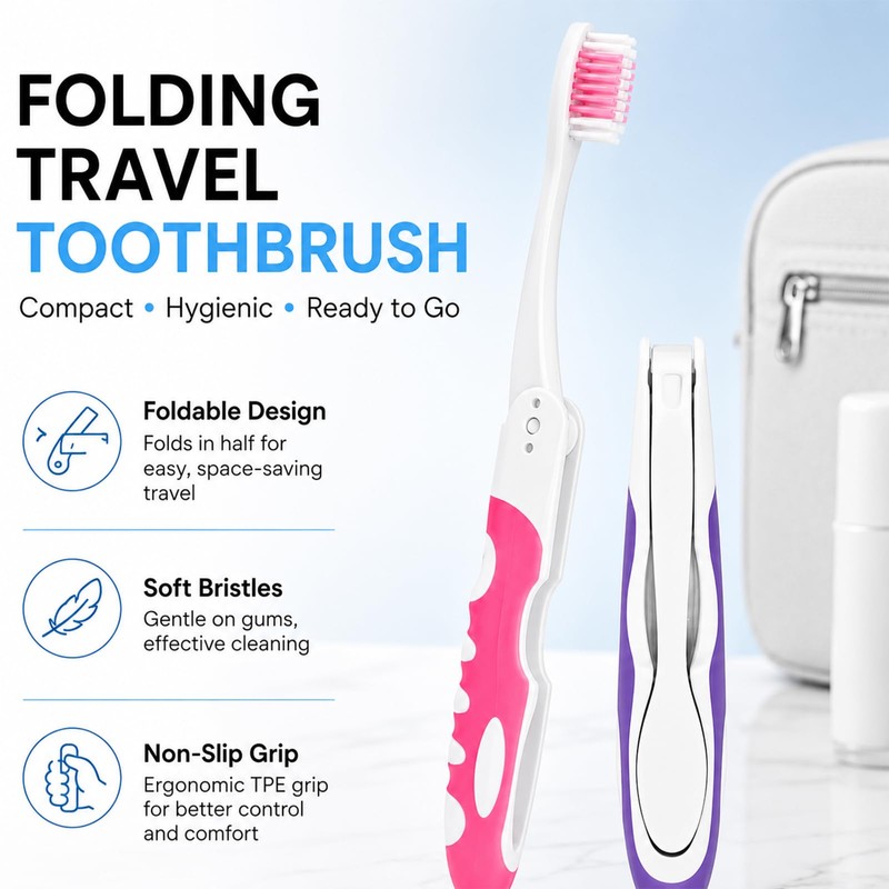 2Pcs Folding Travel Toothbrushes, Portable Mini Soft-Bristle (Pink&Purple)